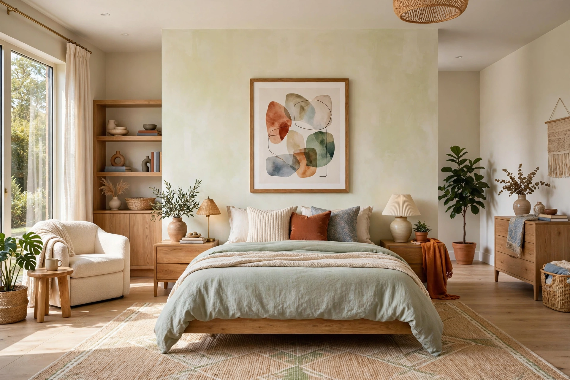Spacious bright bedroom showing a large framed print scaled to two-thirds the width of the bed below it
