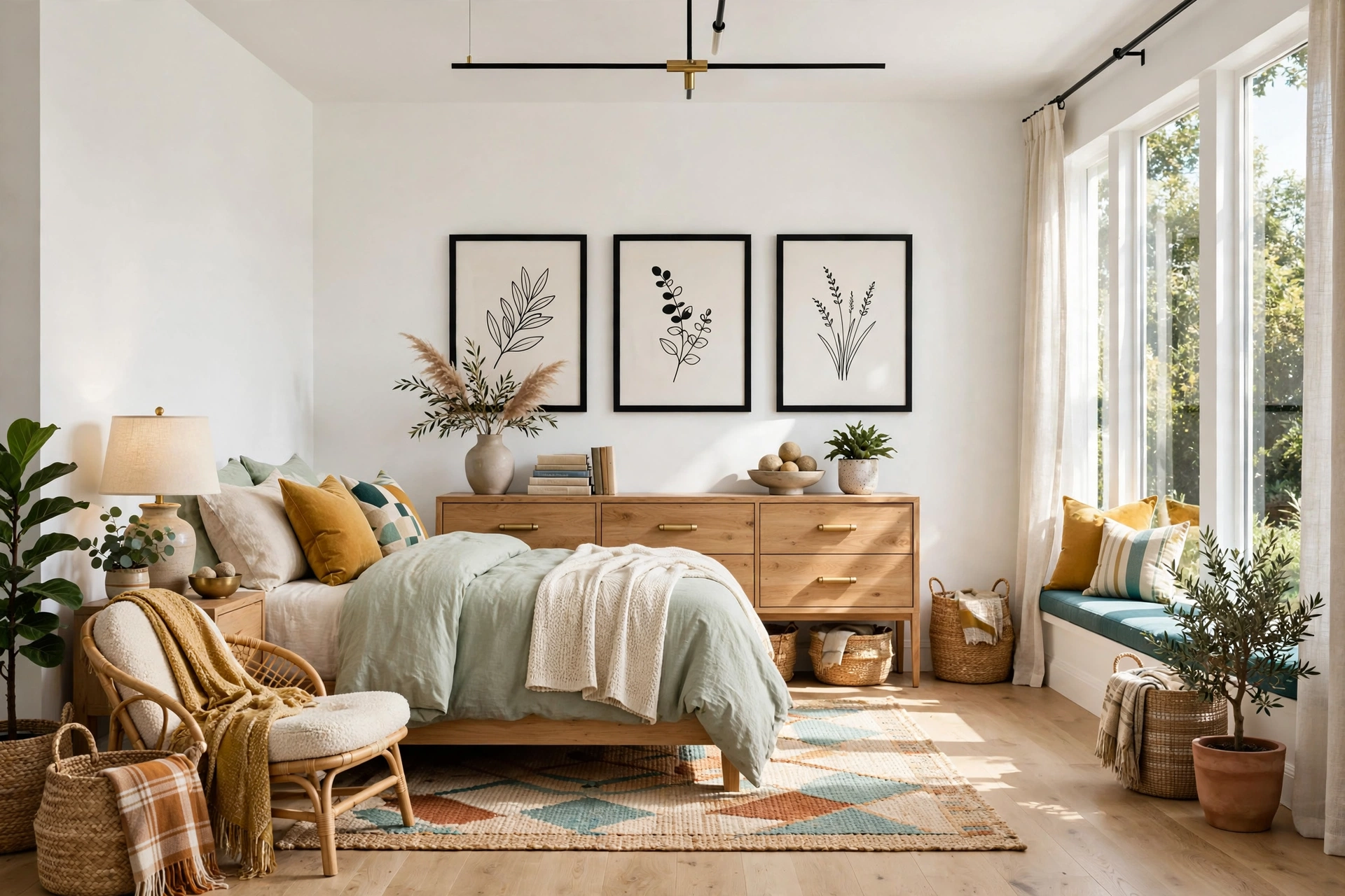 Bright bedroom wall with three evenly spaced black-framed prints hung in a row above a wooden dresser