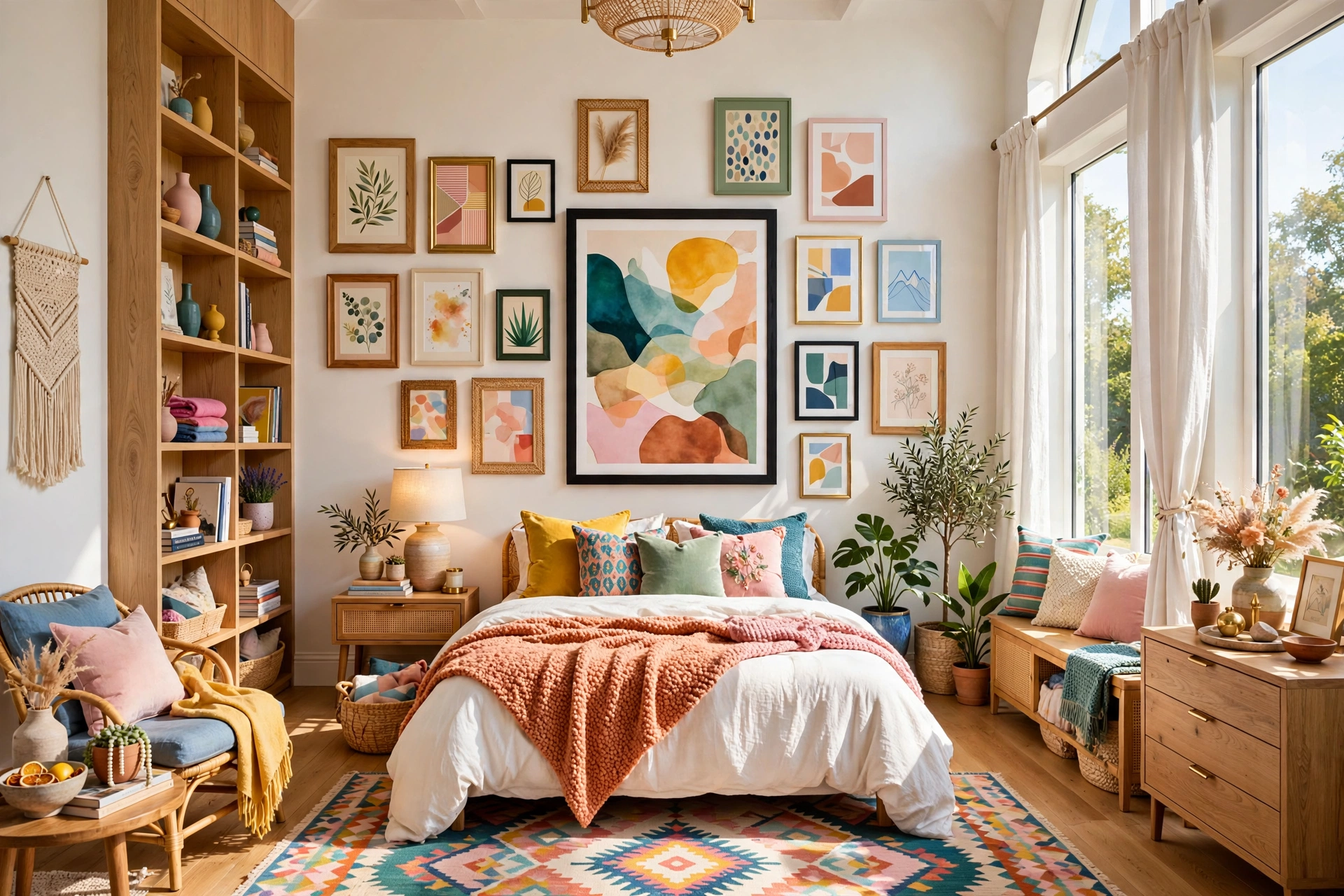 Bright eclectic bedroom with a balanced gallery wall of mixed frames arranged around a large central print