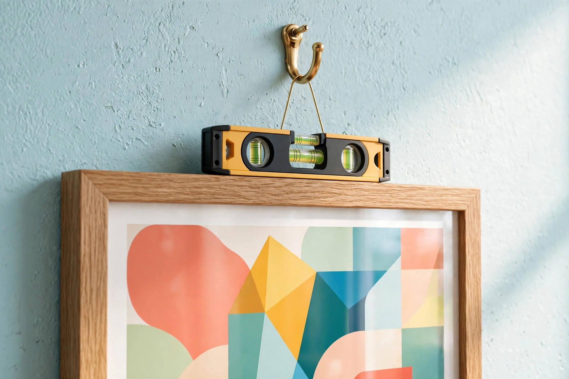Framed print hanging on a bright bedroom wall with a picture hook, a small level resting on the frame top