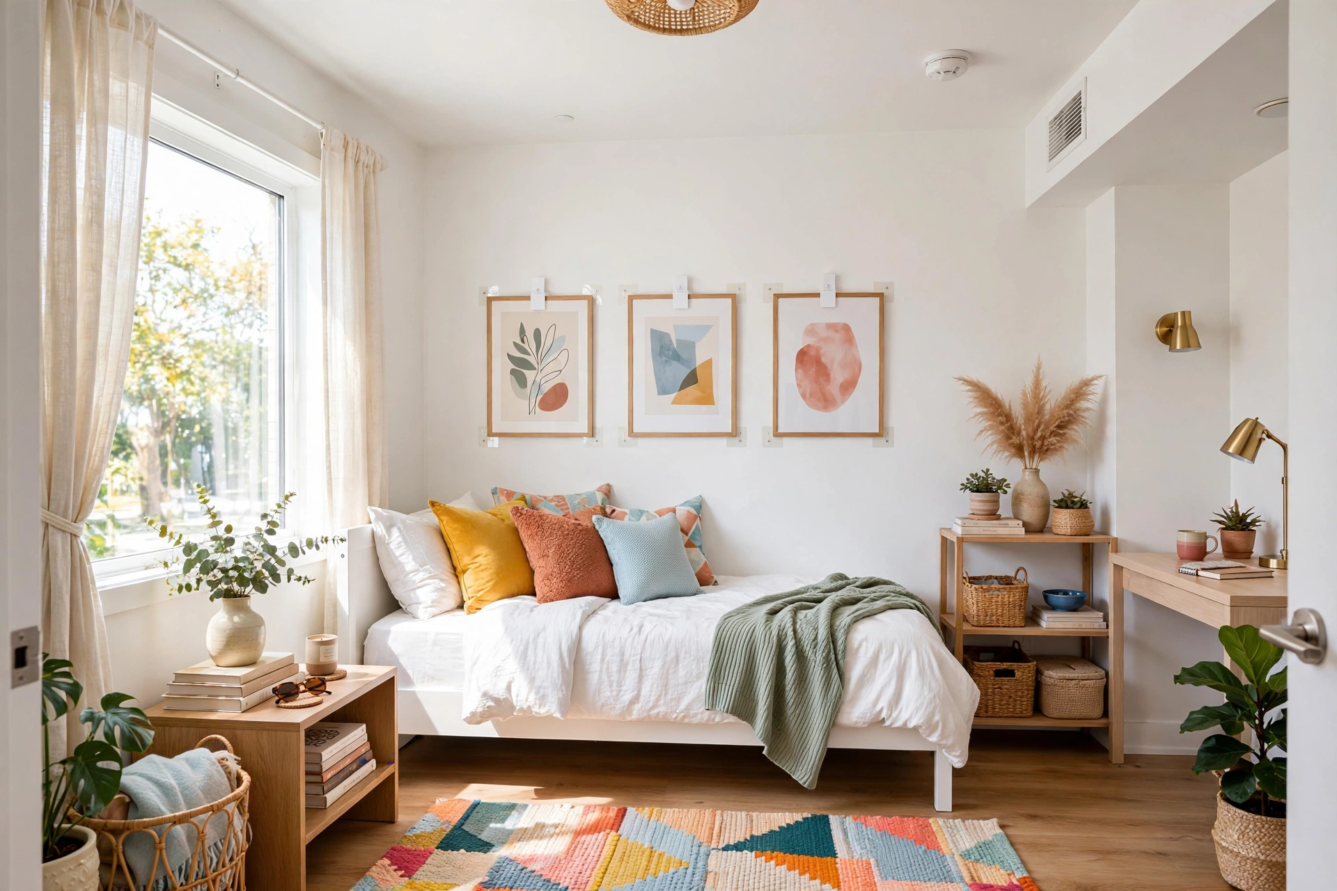 Bright rental bedroom with lightweight framed prints hung with adhesive strips above a white daybed
