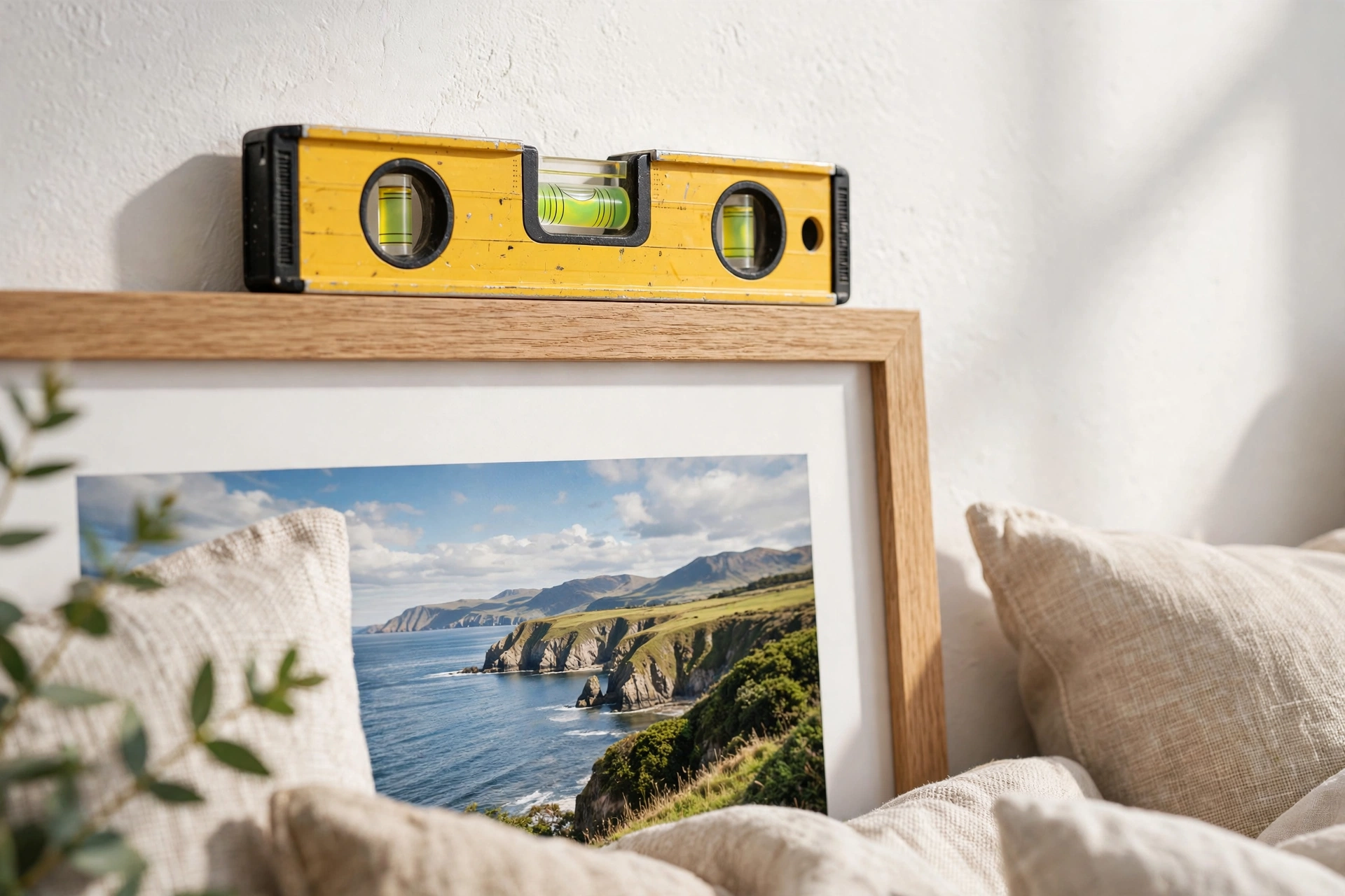 A small torpedo level resting on top of a framed landscape print on a bright bedroom wall