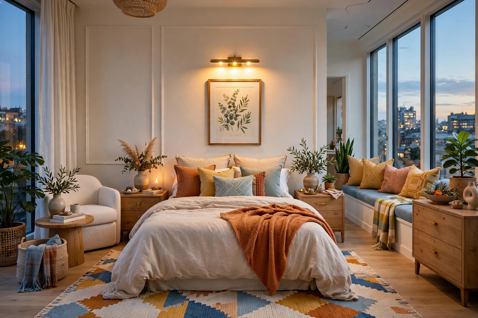Bright bedroom at dusk with a brass picture light glowing above a framed print hung over the bed