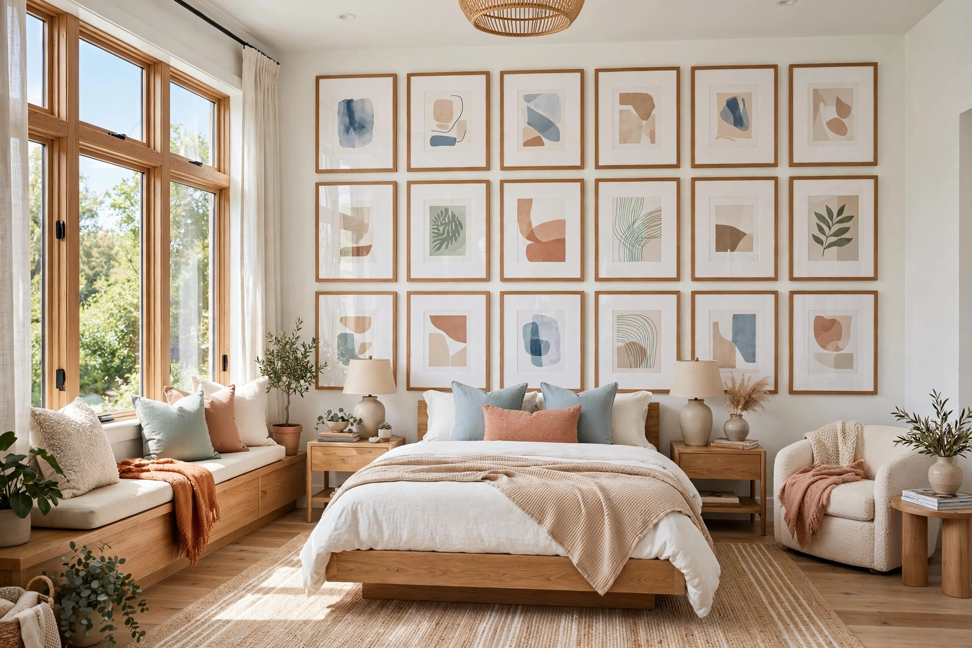Bright bedroom with matching natural oak frames and wide white mats forming a cohesive gallery wall