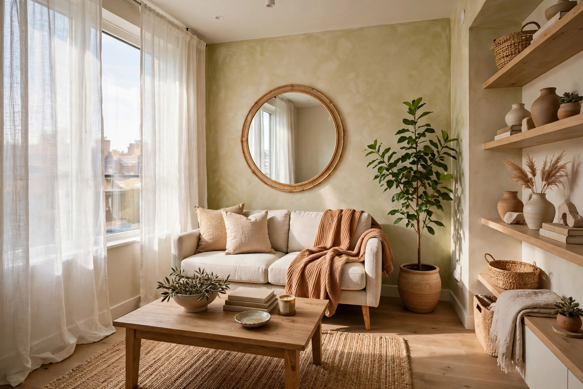 Bright tiny apartment living room that feels spacious with light neutral decor, round mirror and green plants