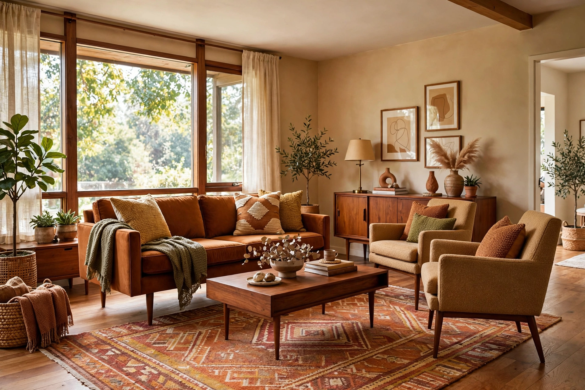 Small living room with mid-century sofa and armchairs with visible wooden legs and open floor beneath