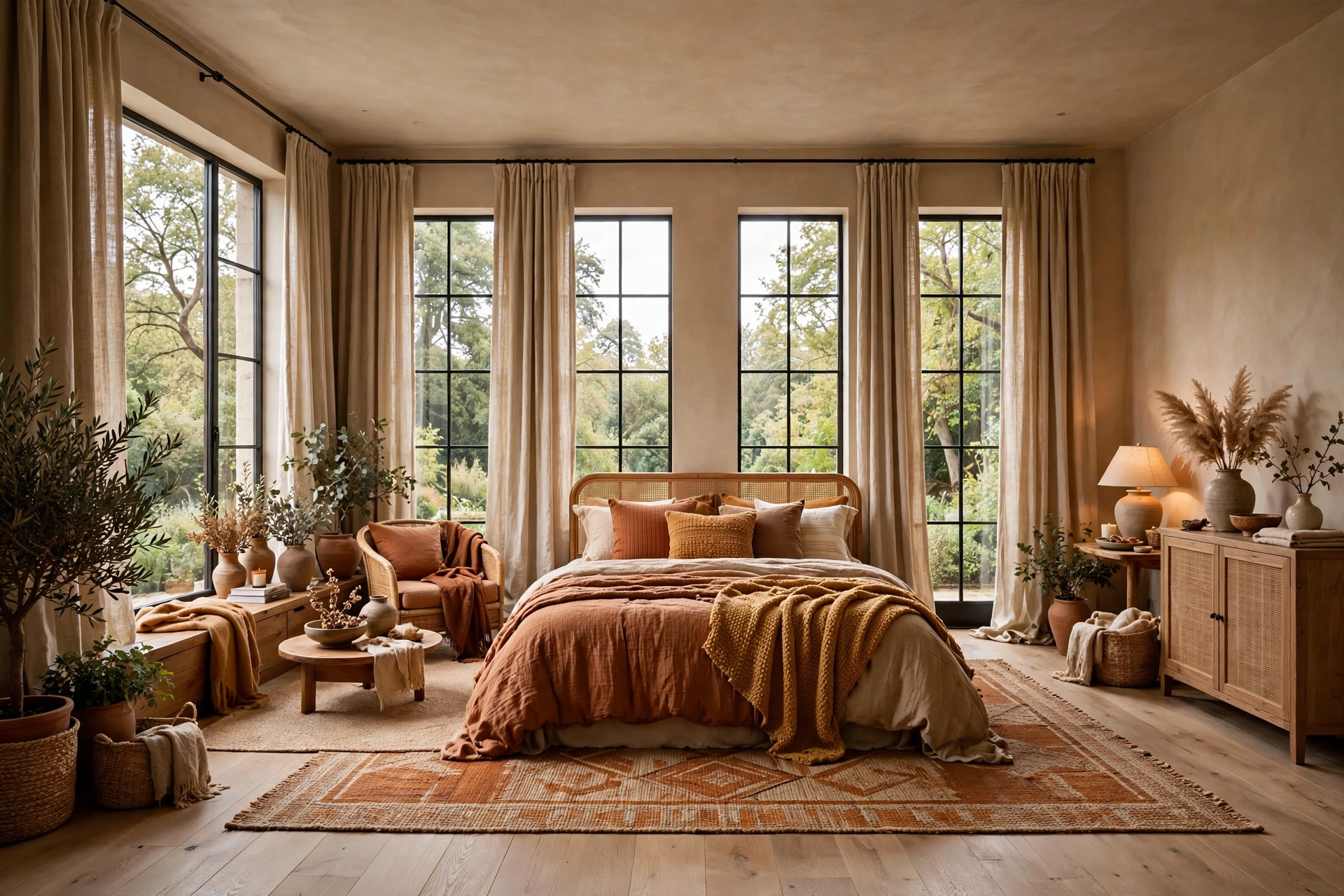 Bedroom with floor-to-ceiling curtains mounted high above tall windows making the ceiling feel higher