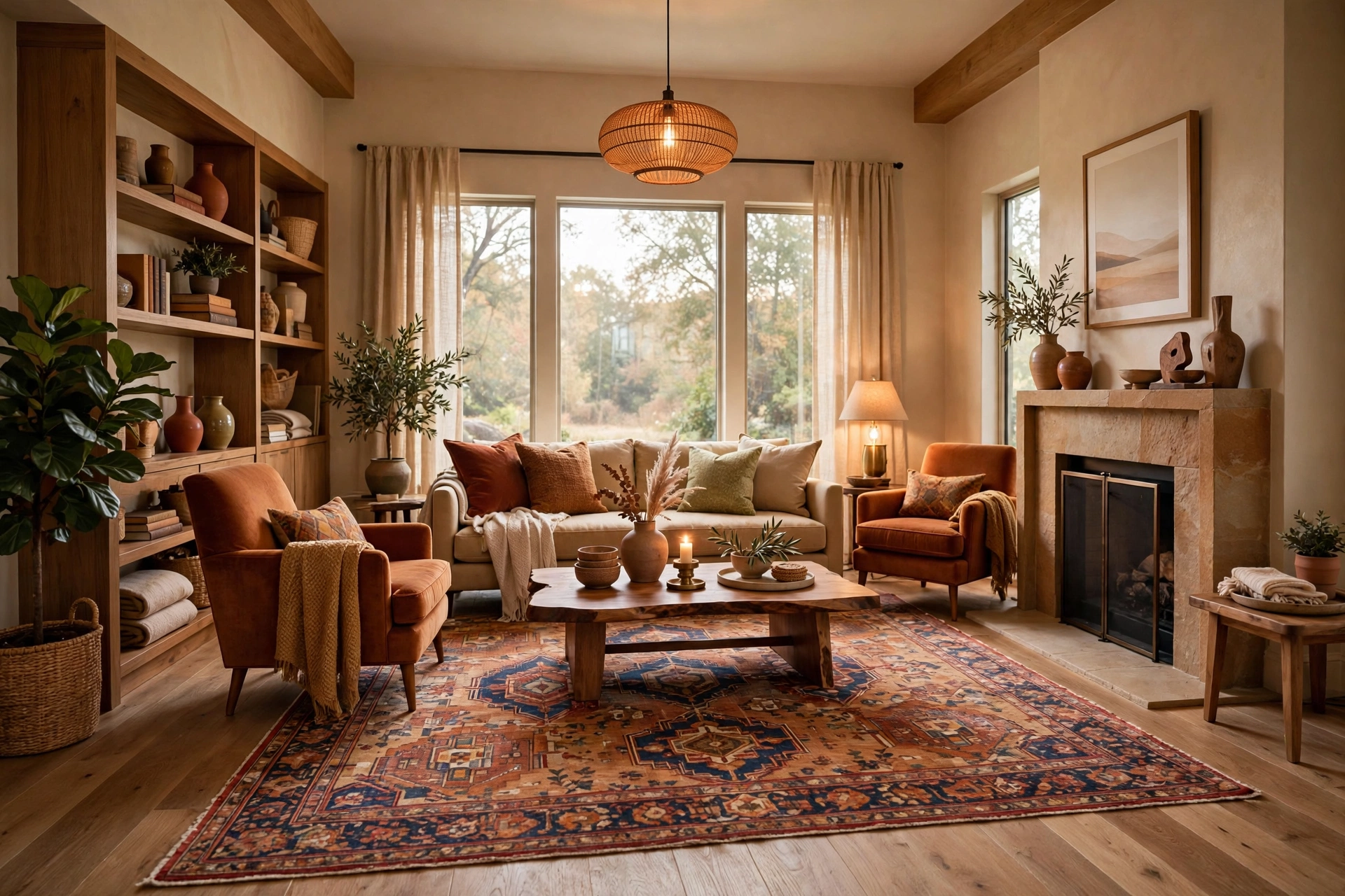 Living room with one large area rug anchoring the sofa, coffee table and armchairs in a small apartment