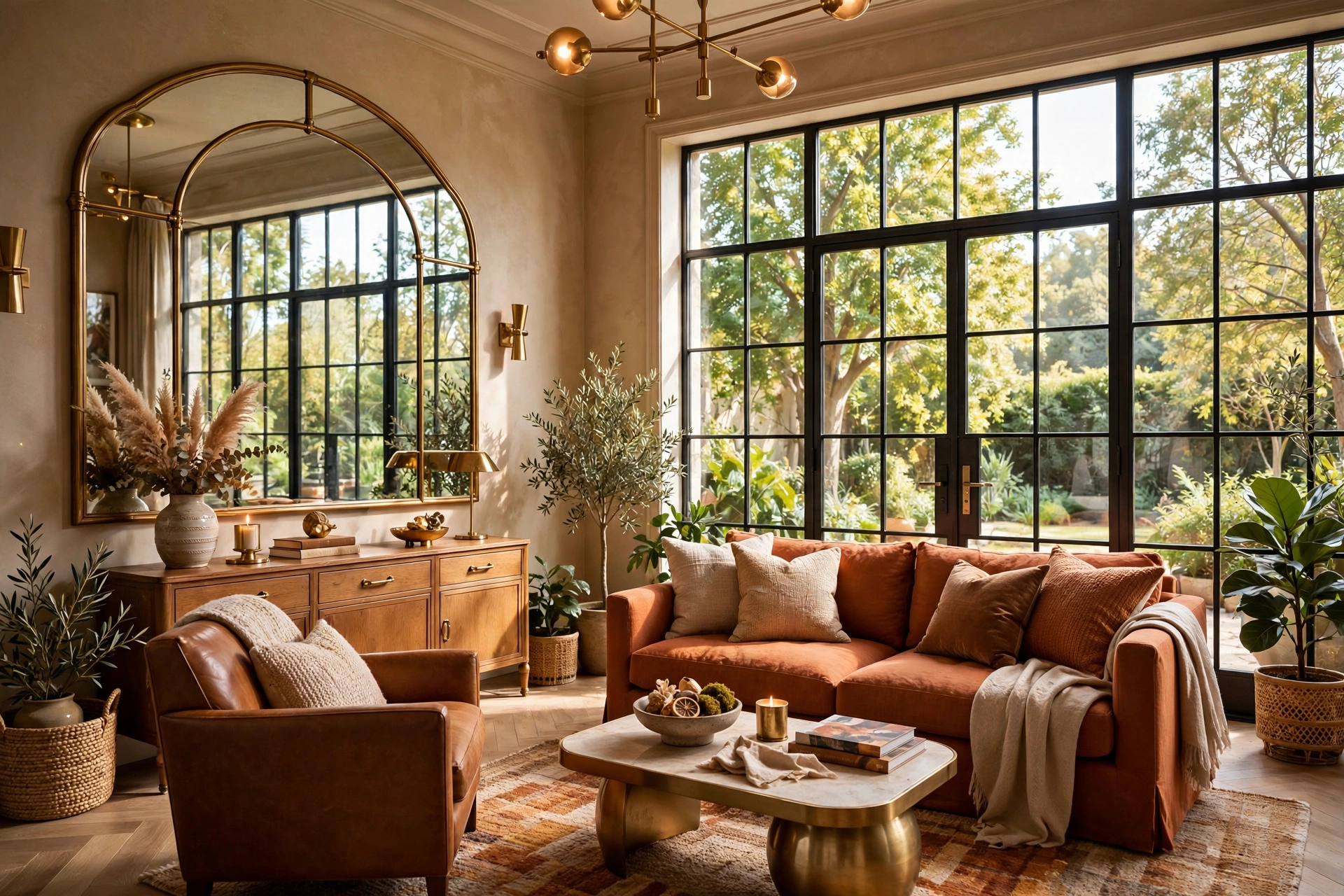 Bright living room with a large mirror on the wall opposite a big window reflecting natural daylight
