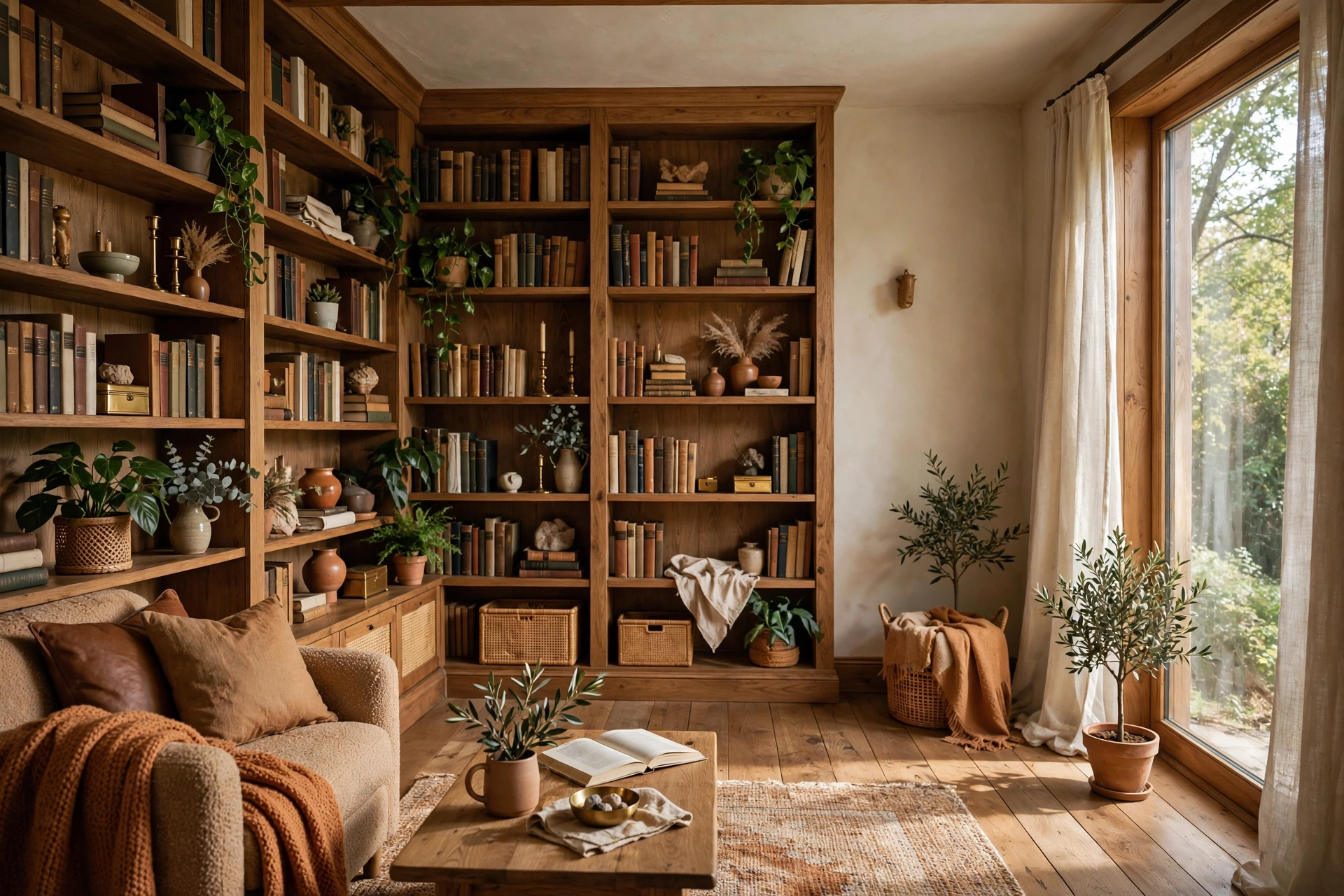 Small room with tall floor-to-ceiling bookshelves using vertical storage in a tiny apartment