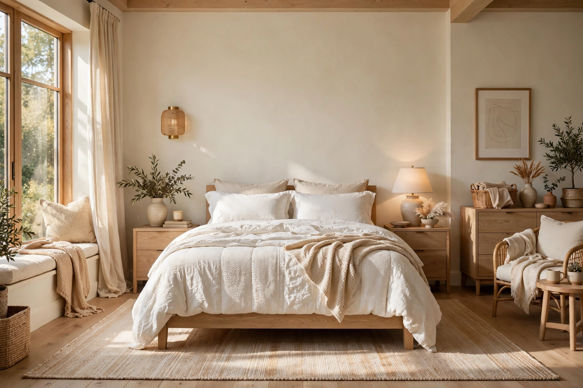 Serene bedroom in a light cohesive palette with cream walls and white linen bedding