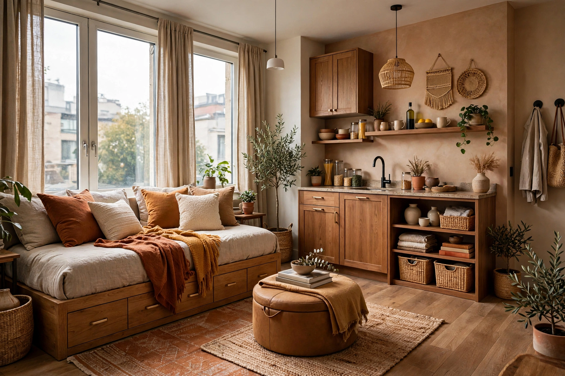 Studio apartment with multipurpose daybed with storage drawers and a storage ottoman