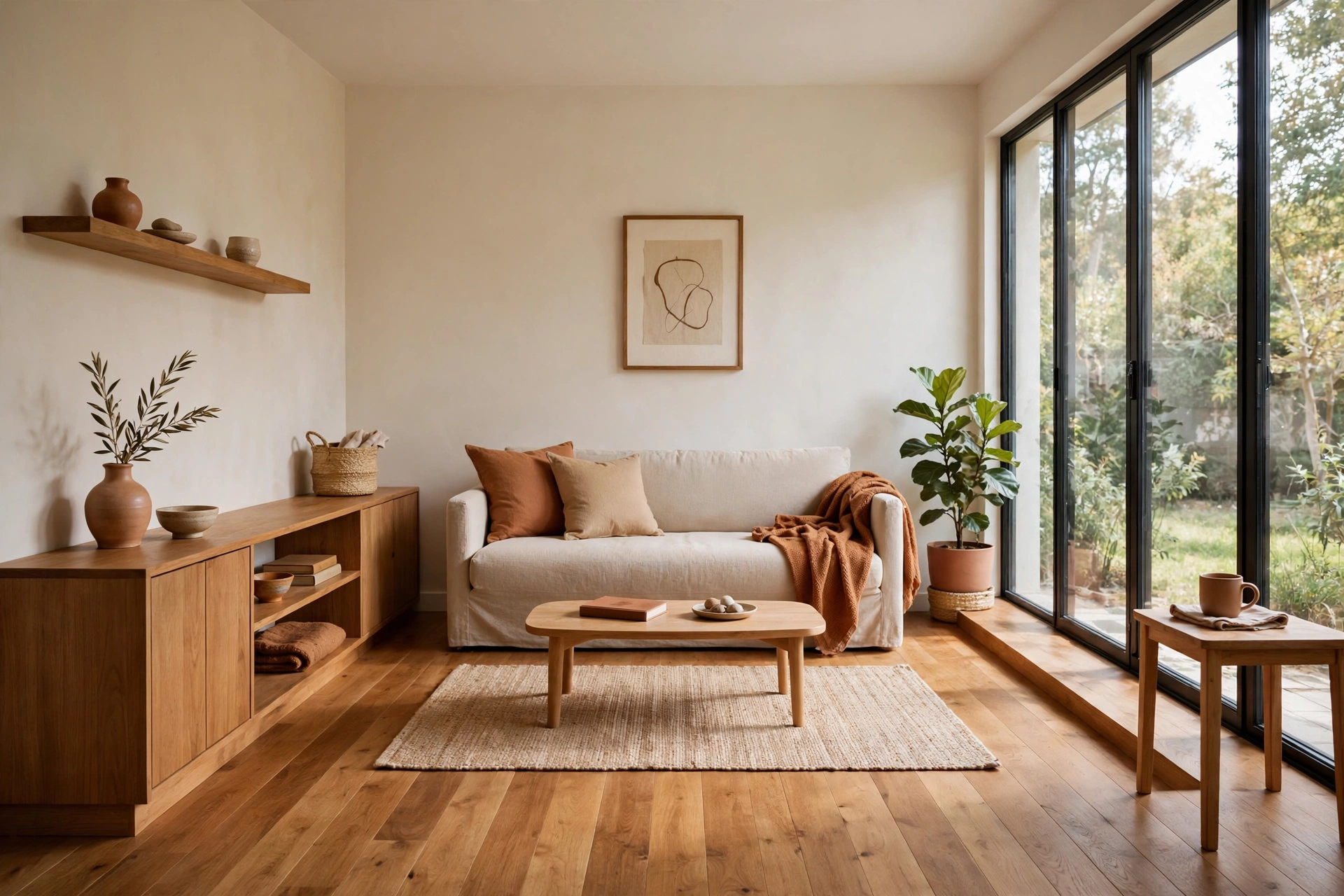Minimalist small living room with a clear visible open floor area and furniture along the walls