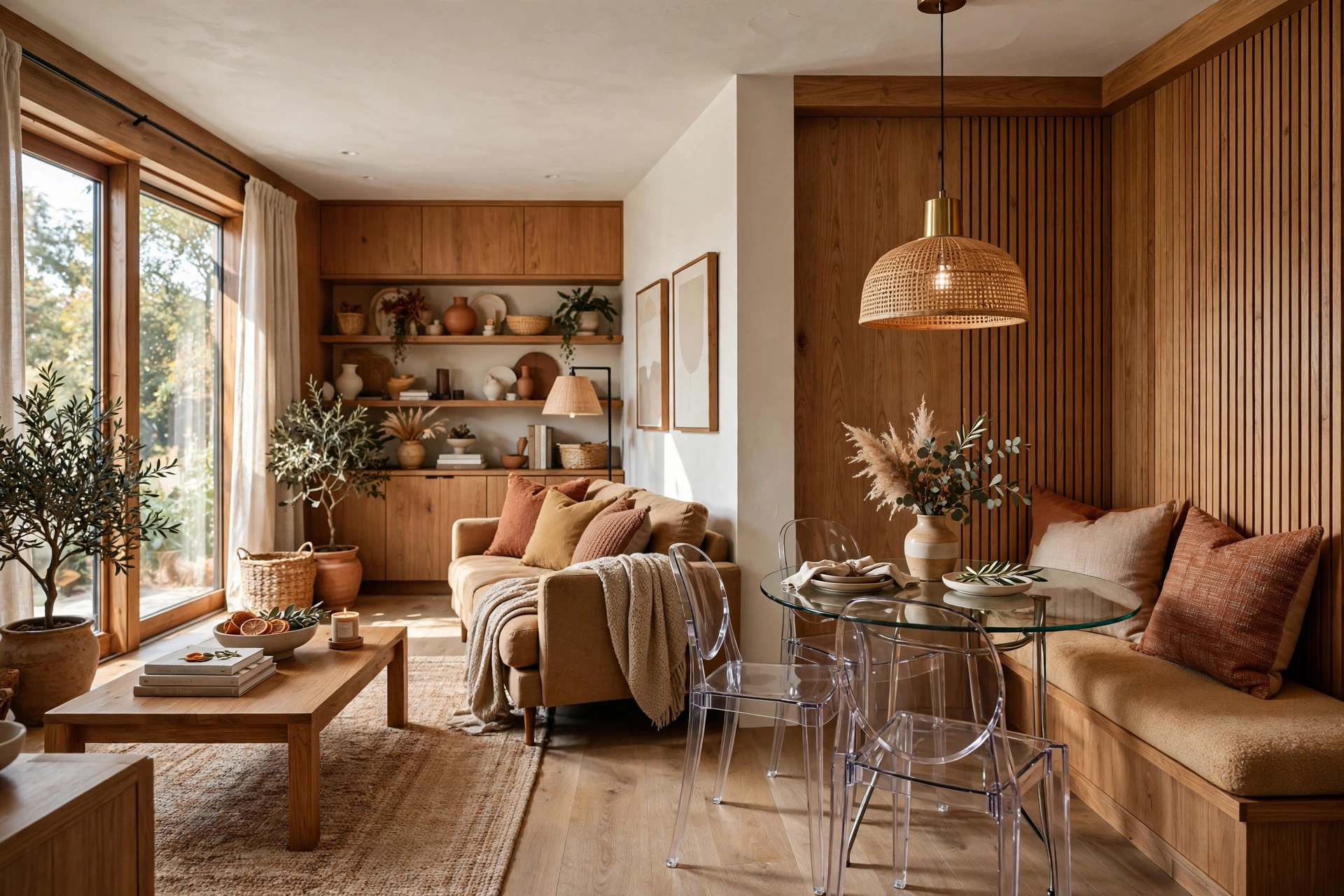 Small dining nook with clear acrylic chairs and a glass-top table keeping sightlines open