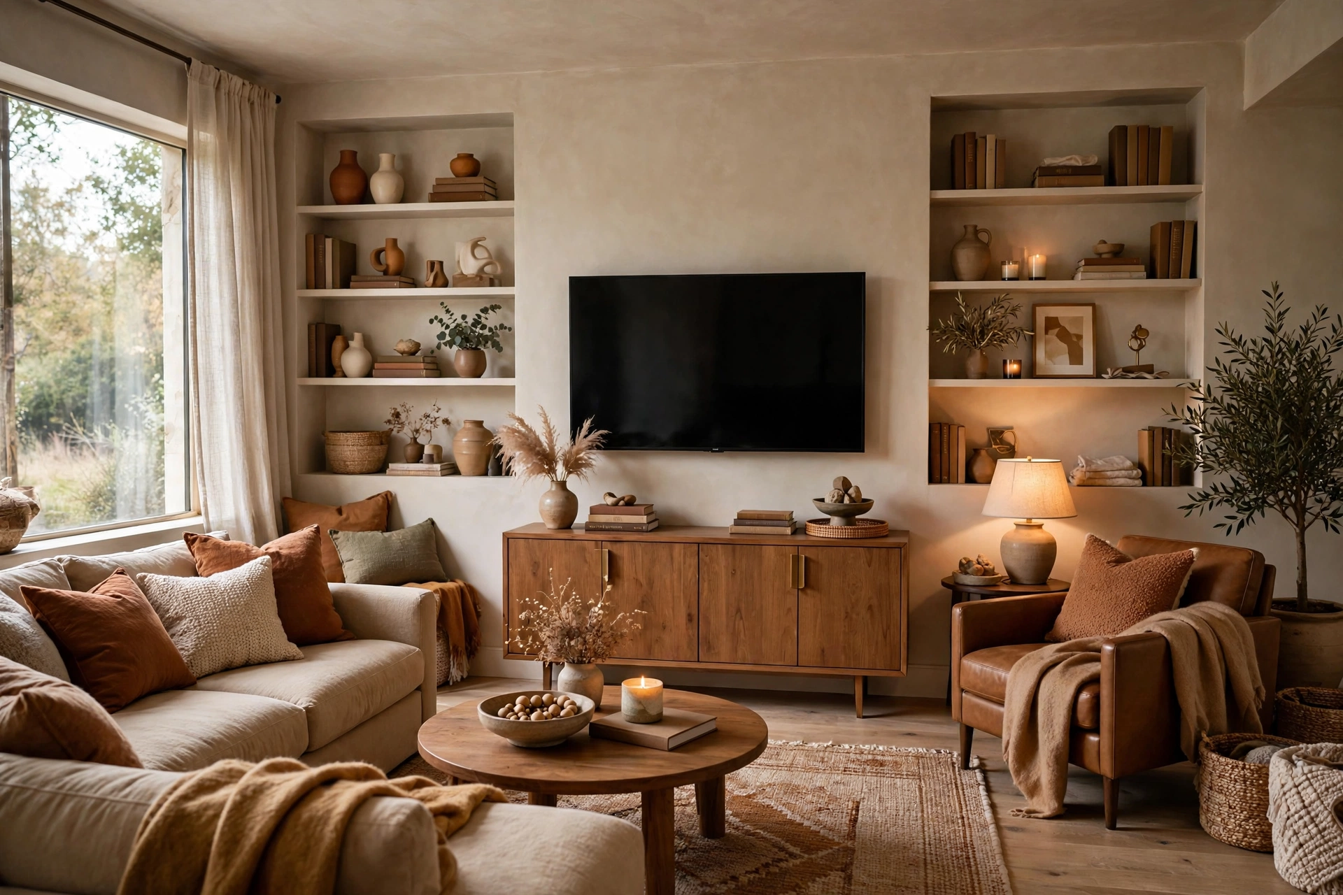 Living room with a flat-screen TV wall-mounted above a slim light-wood console