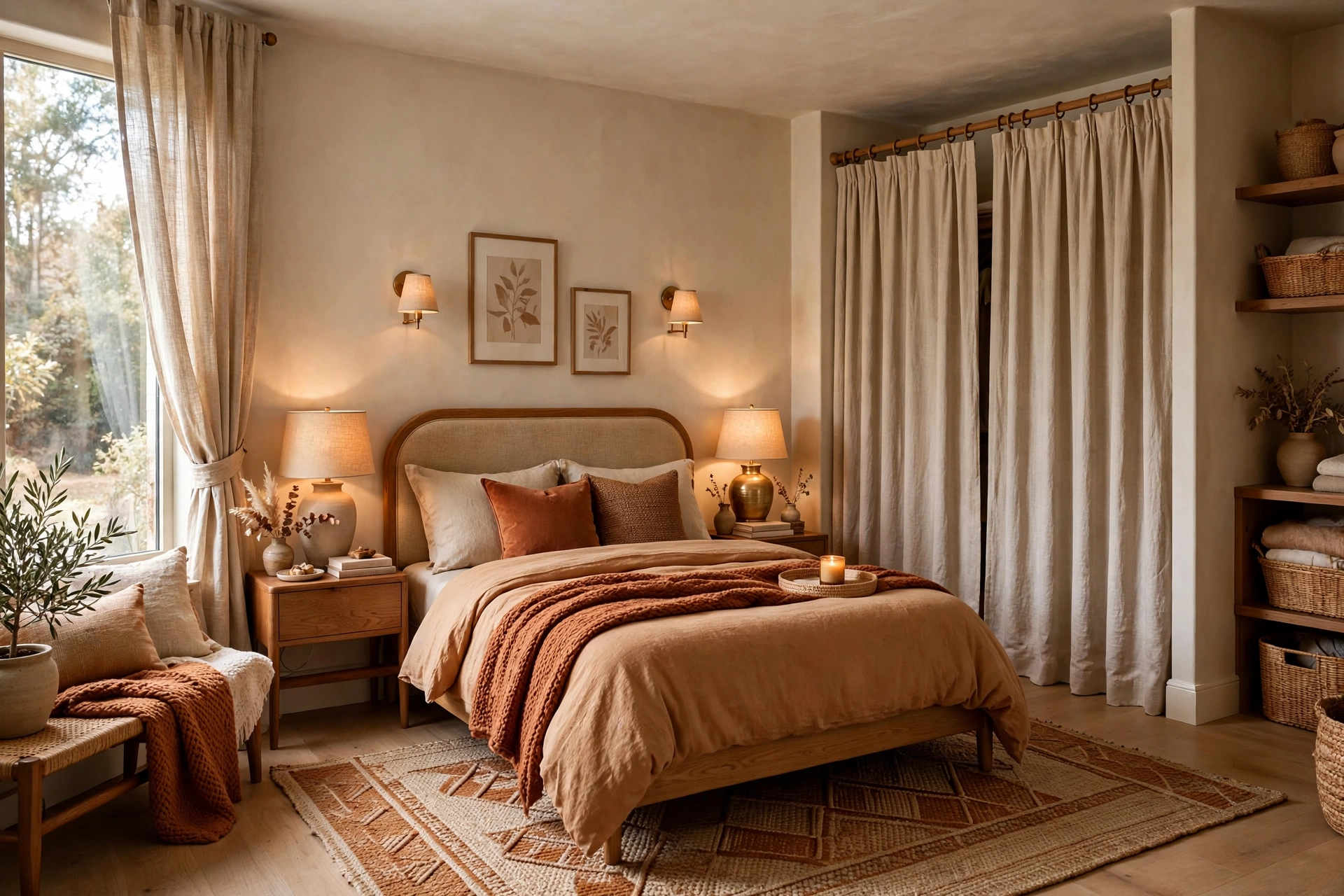 Bedroom closet opening covered with elegant fabric curtain panels instead of swing doors