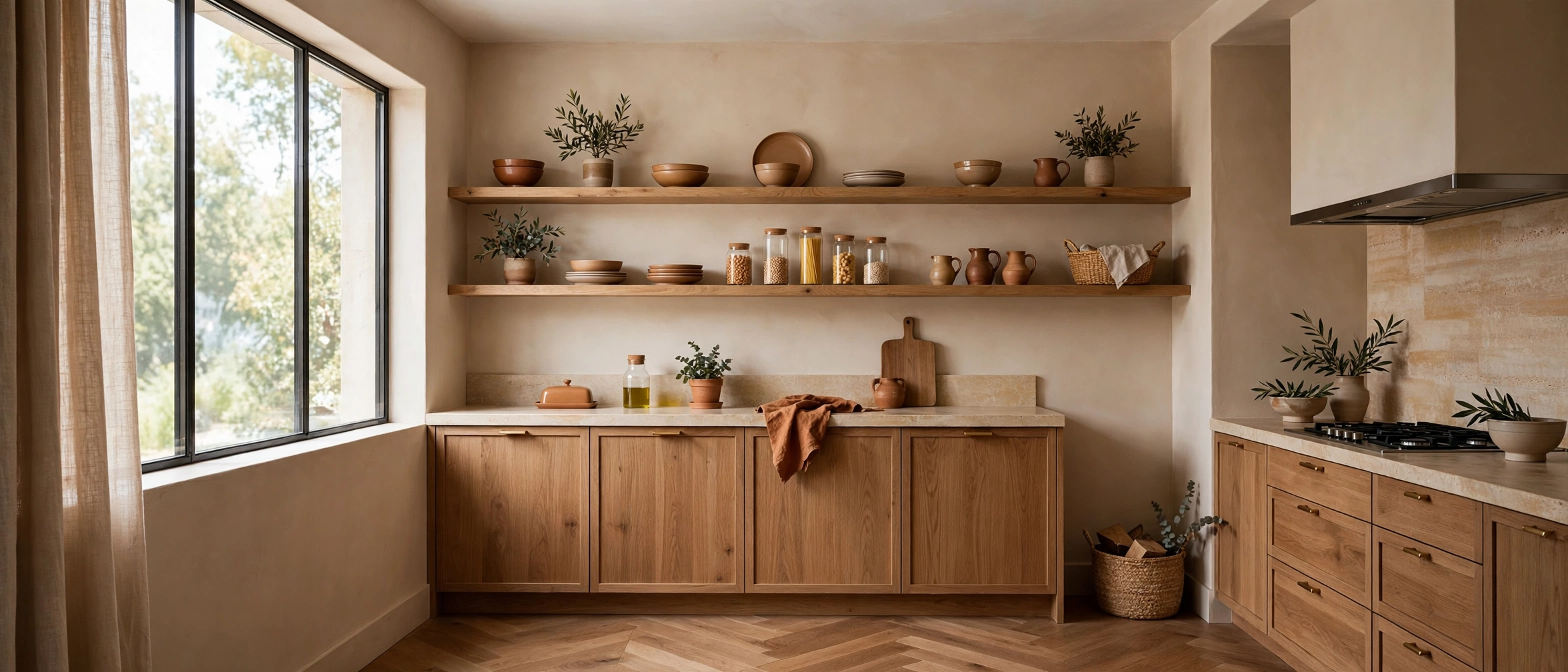 Kitchen with neatly styled open wooden shelves holding a few dishes and plants, sparingly arranged