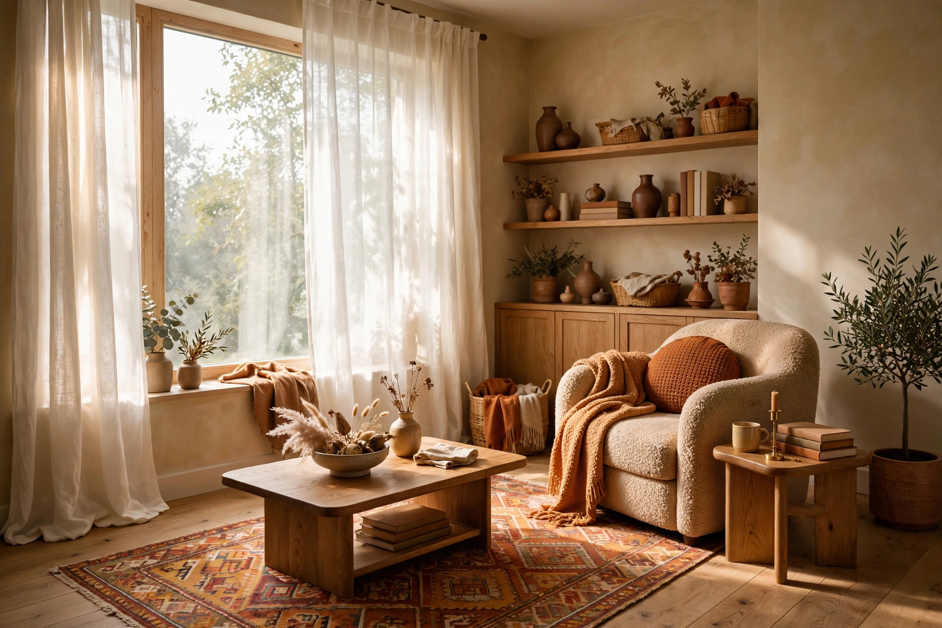Sunlit small living room with sheer white curtains and natural daylight flooding the space