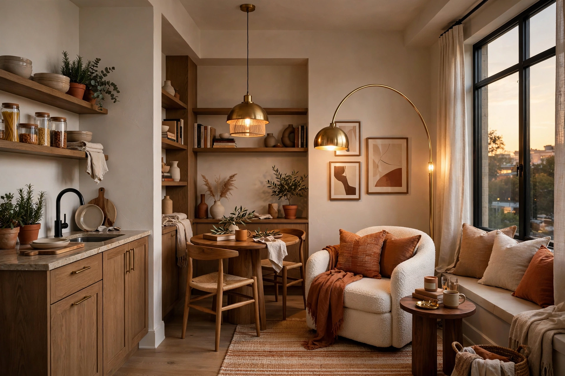 Studio apartment reading zone defined by an arched floor lamp and pendant light instead of walls