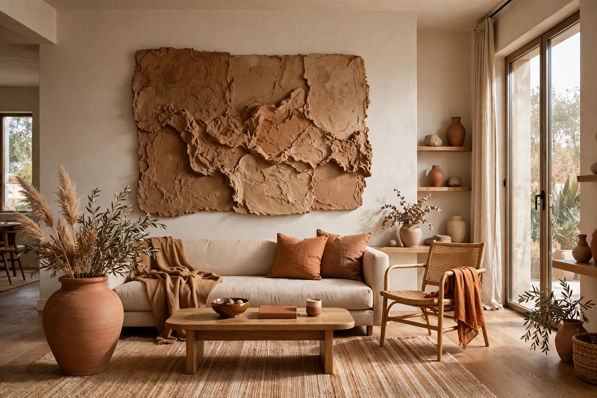 Living room with one oversized framed art piece and a large floor vase, few large decor pieces