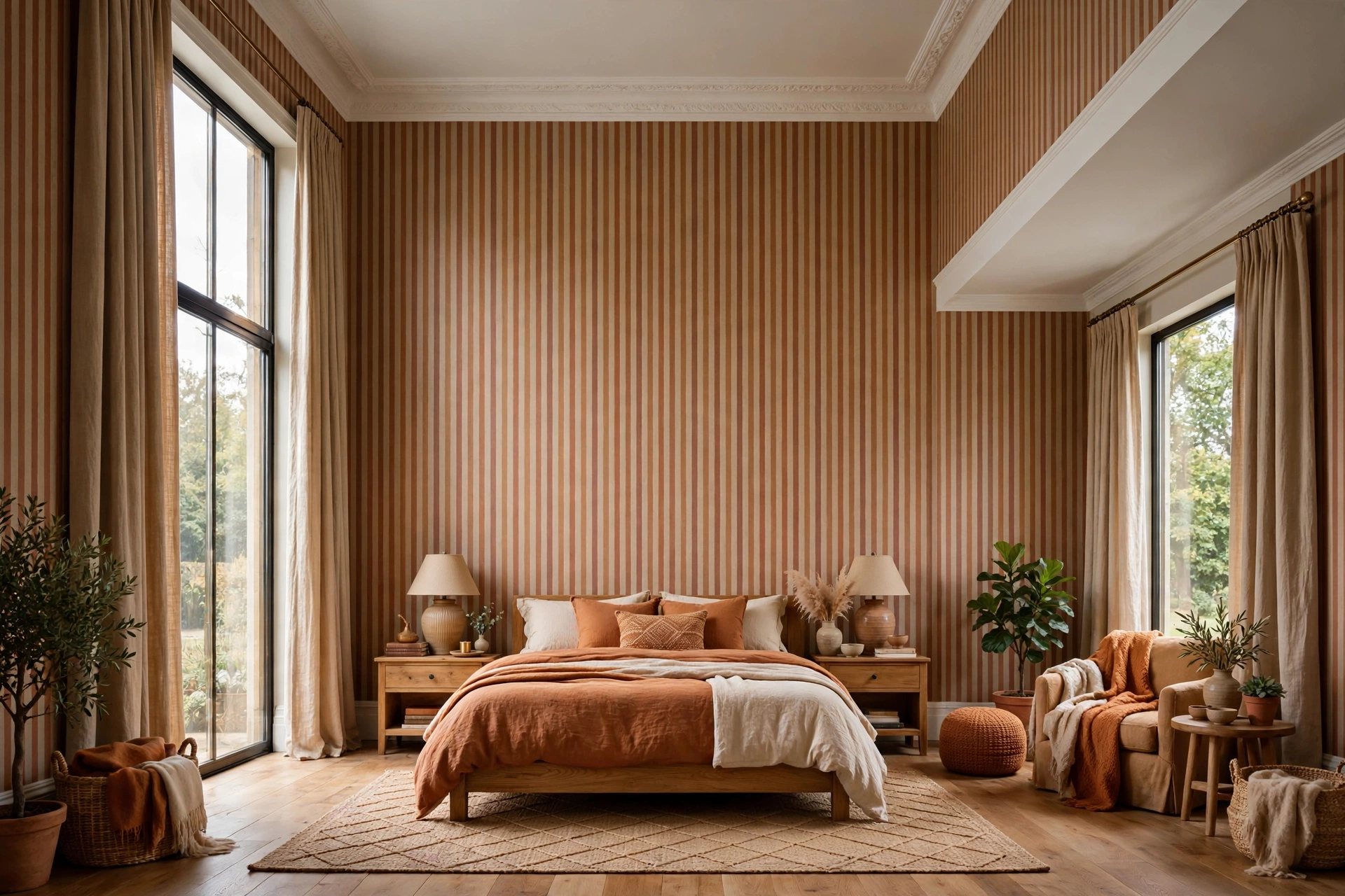 Bedroom with vertical striped wallpaper and tall curtains adding visual height