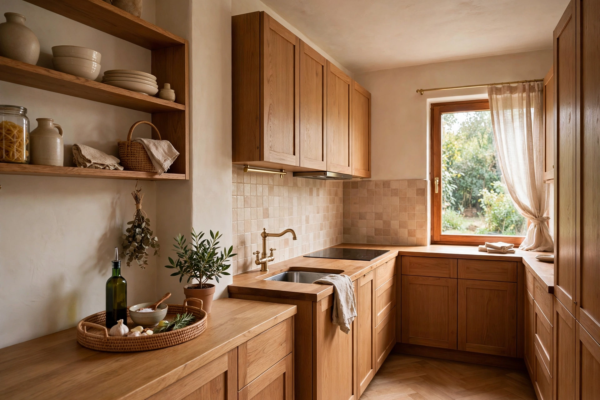 Tidy small kitchen with mostly clear counters and a single small tray with essentials