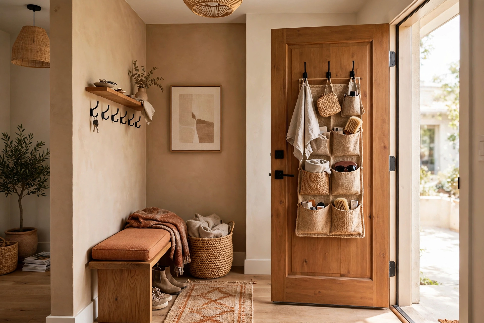 Small apartment entryway with an open door showing hooks and an organizer on the back of the door