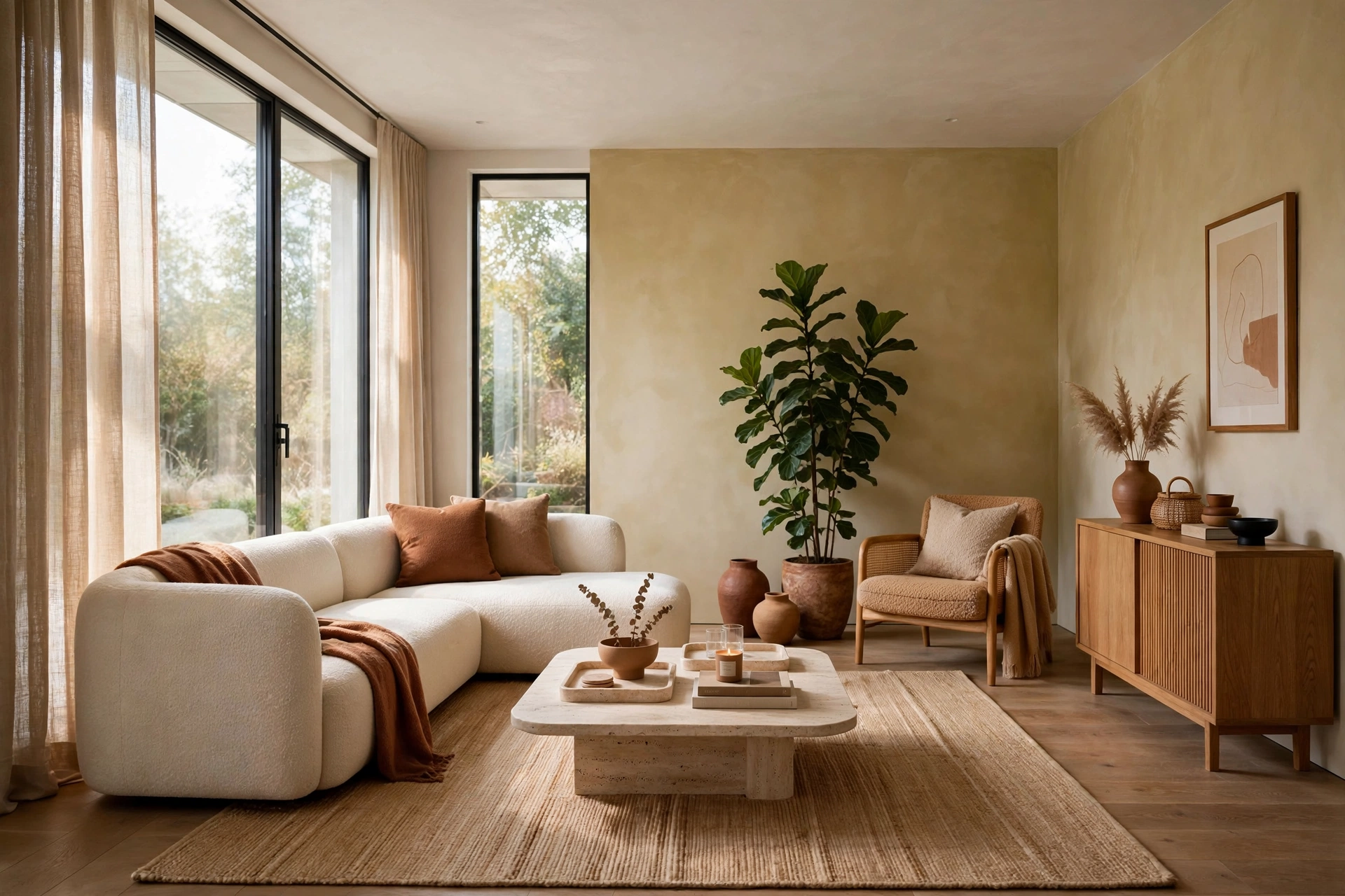 Living room with a low-profile sofa and low coffee table leaving more wall visible