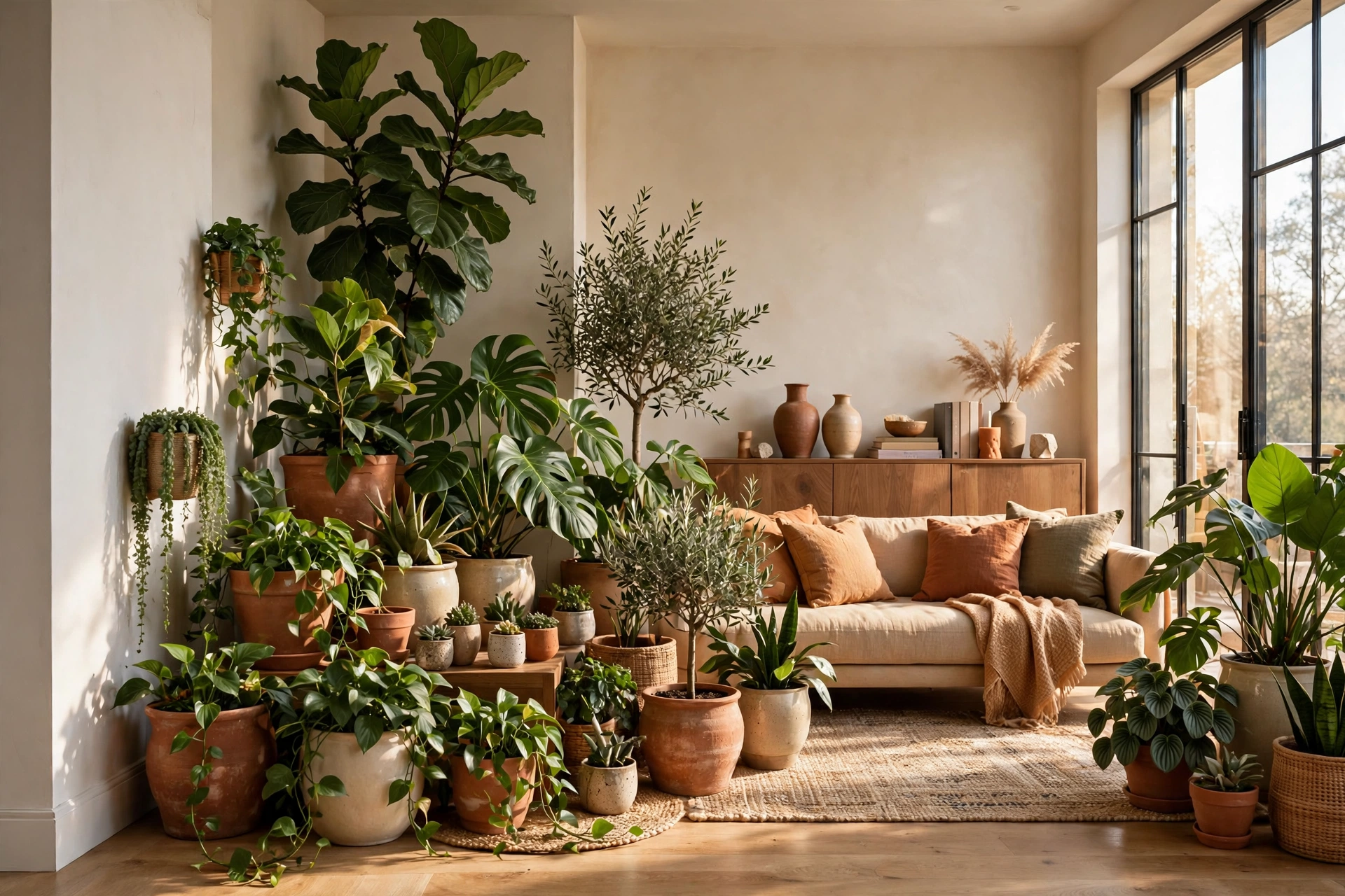 Bright apartment corner filled with green houseplants of varying heights