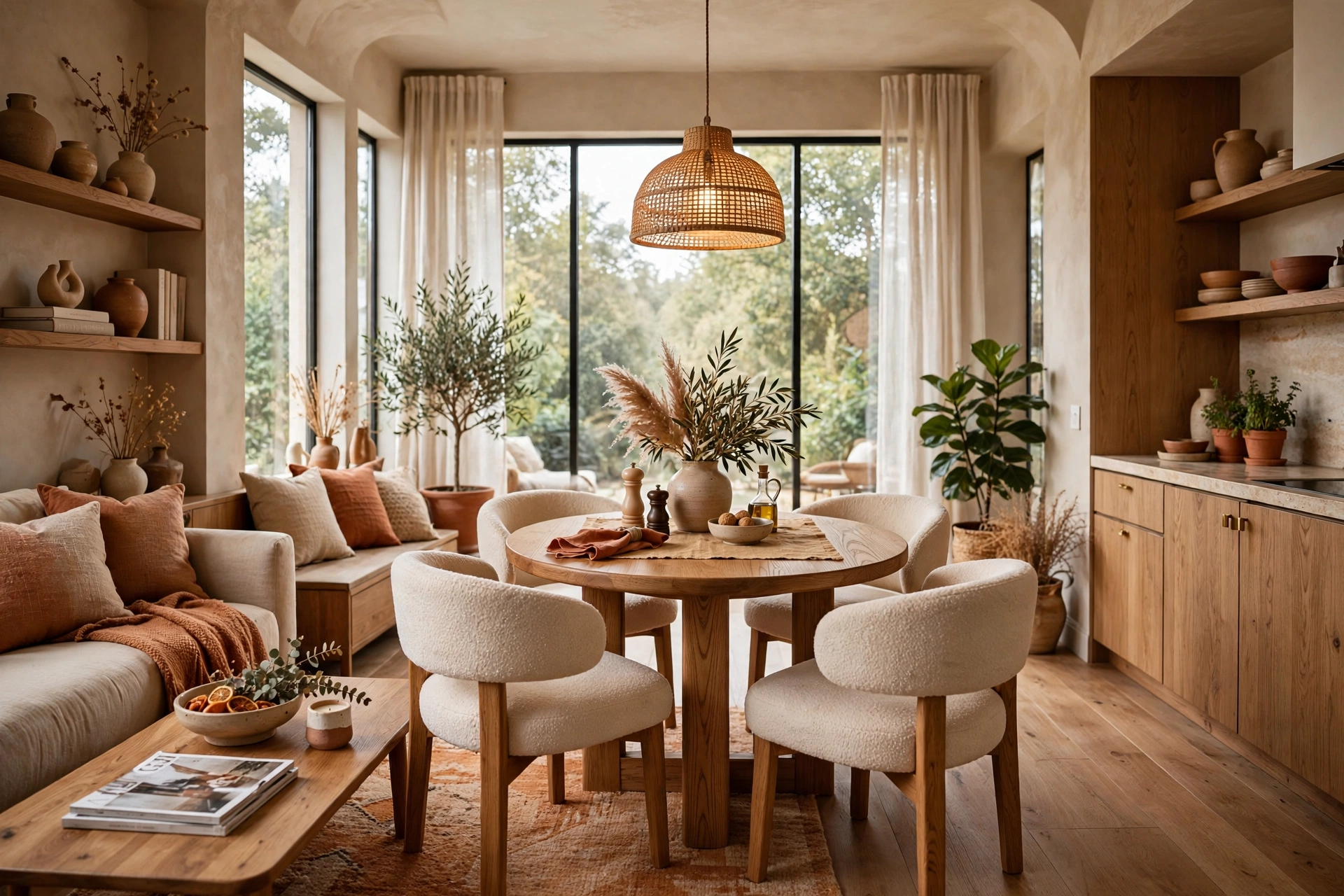 Small dining area with a round wooden table and curved chairs in soft shapes