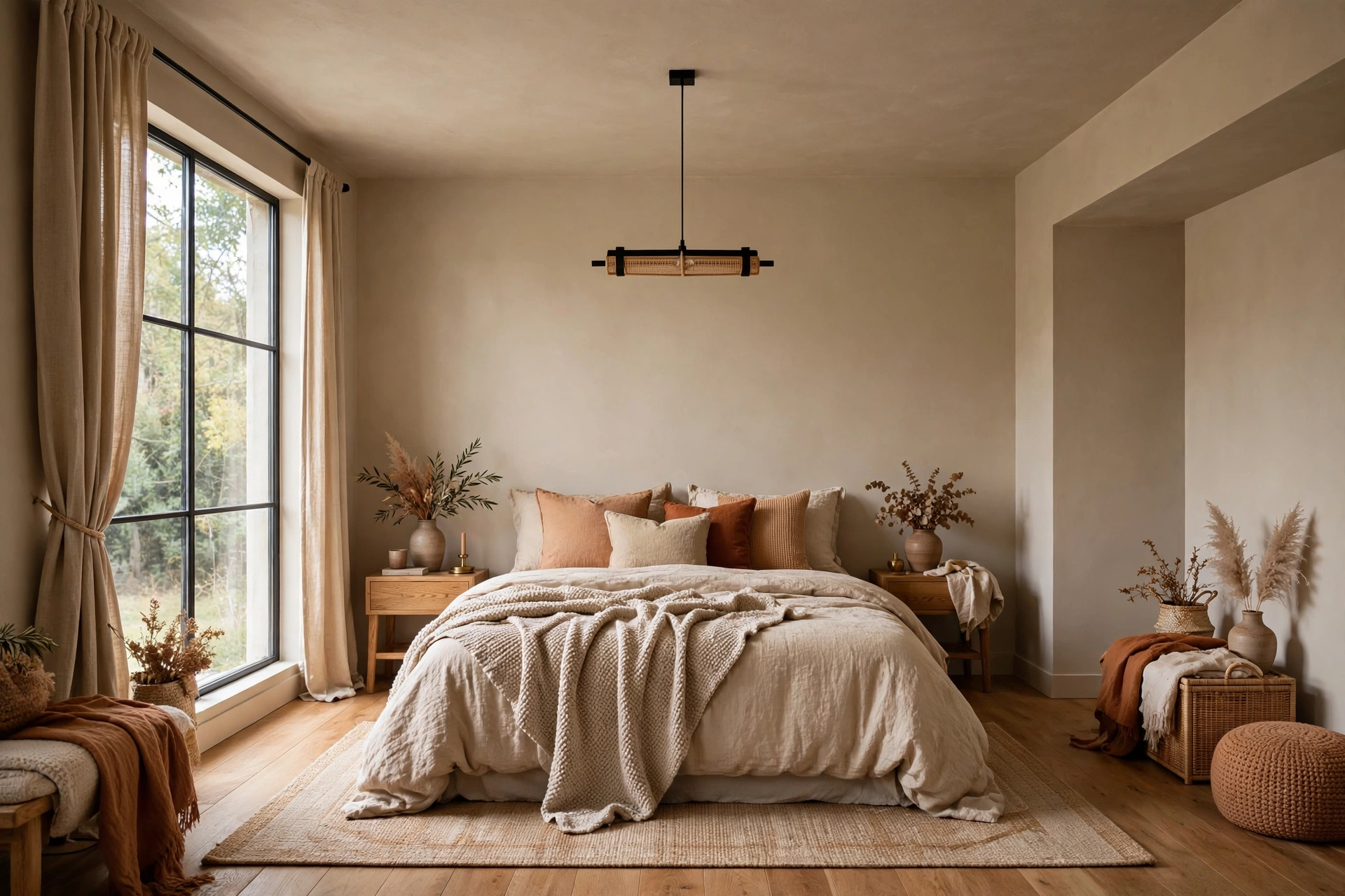 Bedroom with walls and ceiling painted the same soft warm white color for a seamless feel