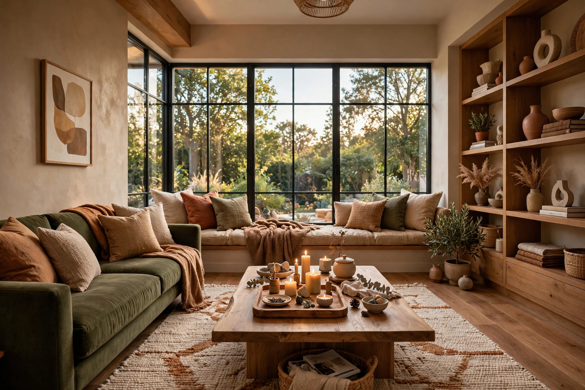 Living room coffee table styled with small items corralled on decorative trays