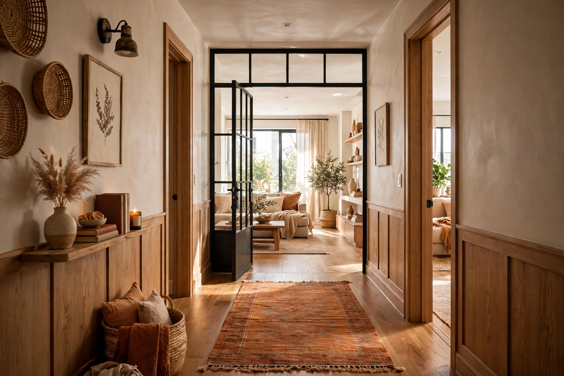 Apartment hallway with a glass-paneled interior door letting light flow between rooms