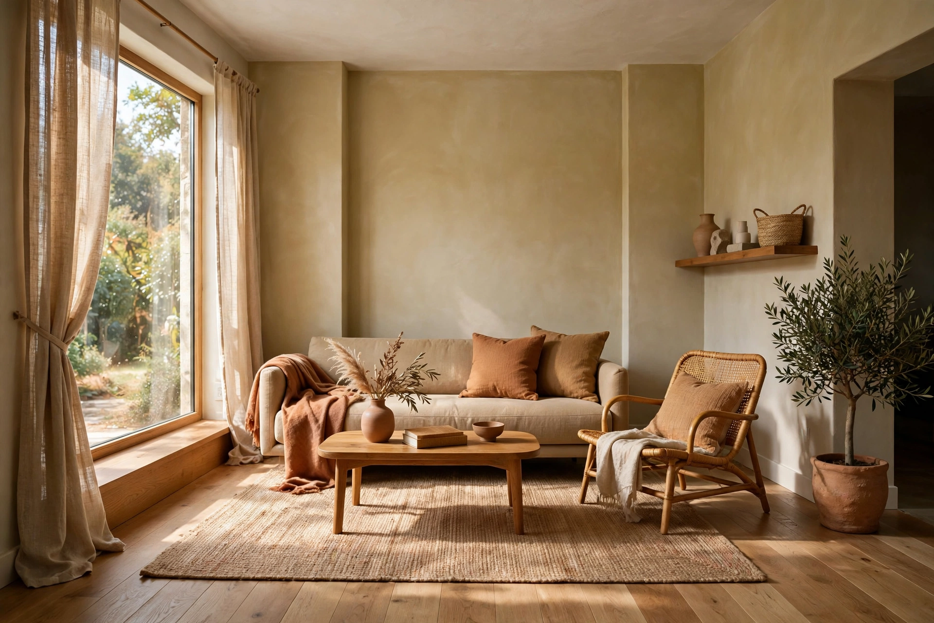 Serene decluttered minimalist small living room with a few carefully chosen items